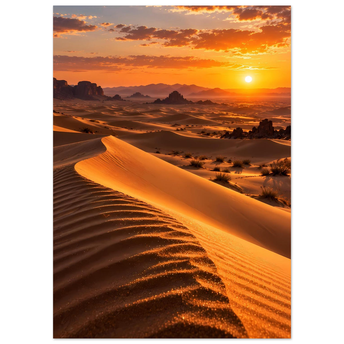 Poster: Sanddünen in der Wüste bei Sonnenuntergang mit heller Sonne am Himmel