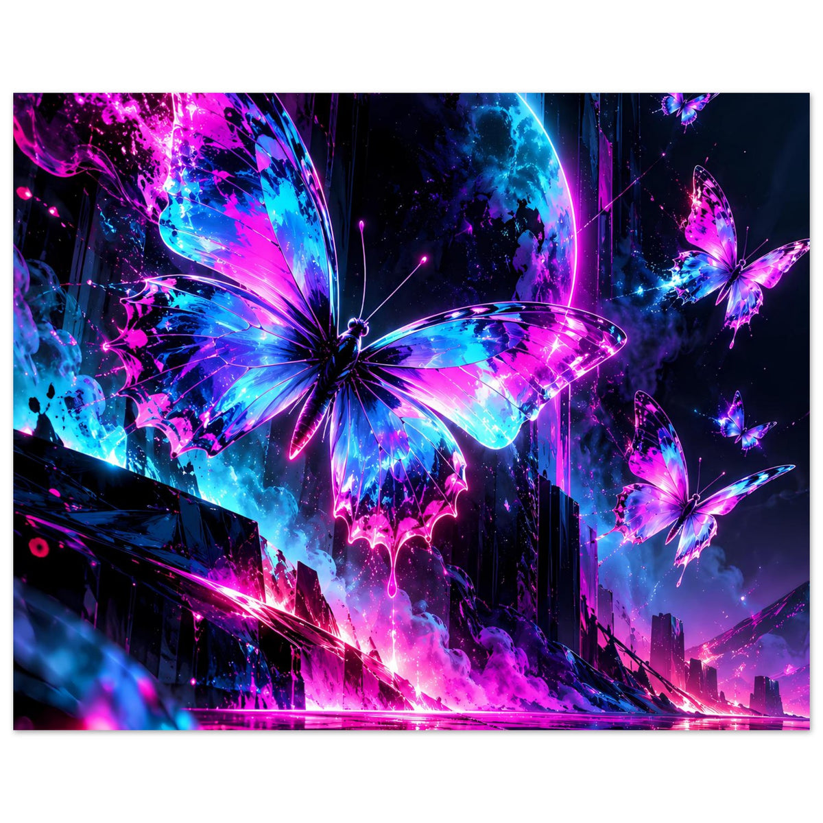 Neon-Schmetterlingsposter mit zentralem blau-pink leuchtendem Flügel und Schimmer