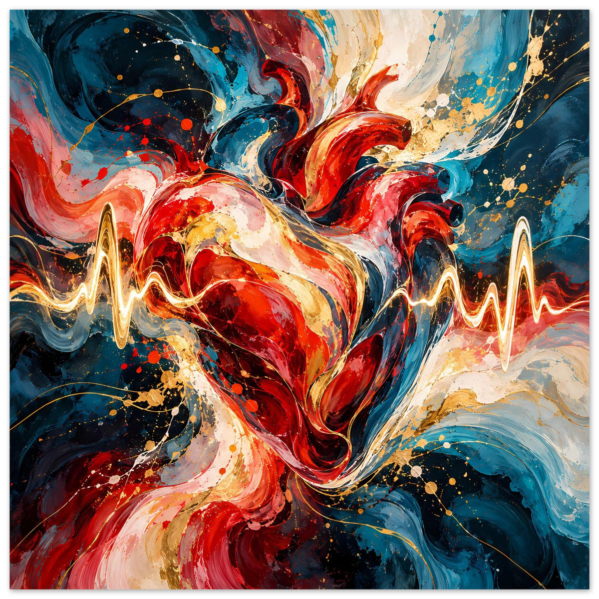 Abstraktes Herzschlag-Poster mit goldener EKG-Linie, rot-blau-goldene Farbwirbel
