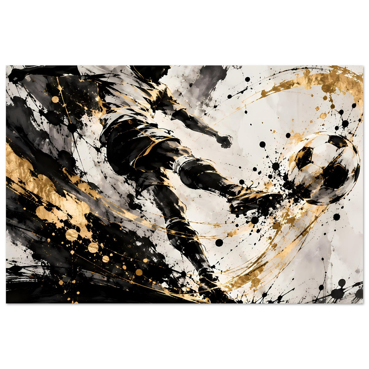 Fußballspieler-Poster: dynamische Schussbewegung, schwarze Pinselstruktur mit goldenen Punkten