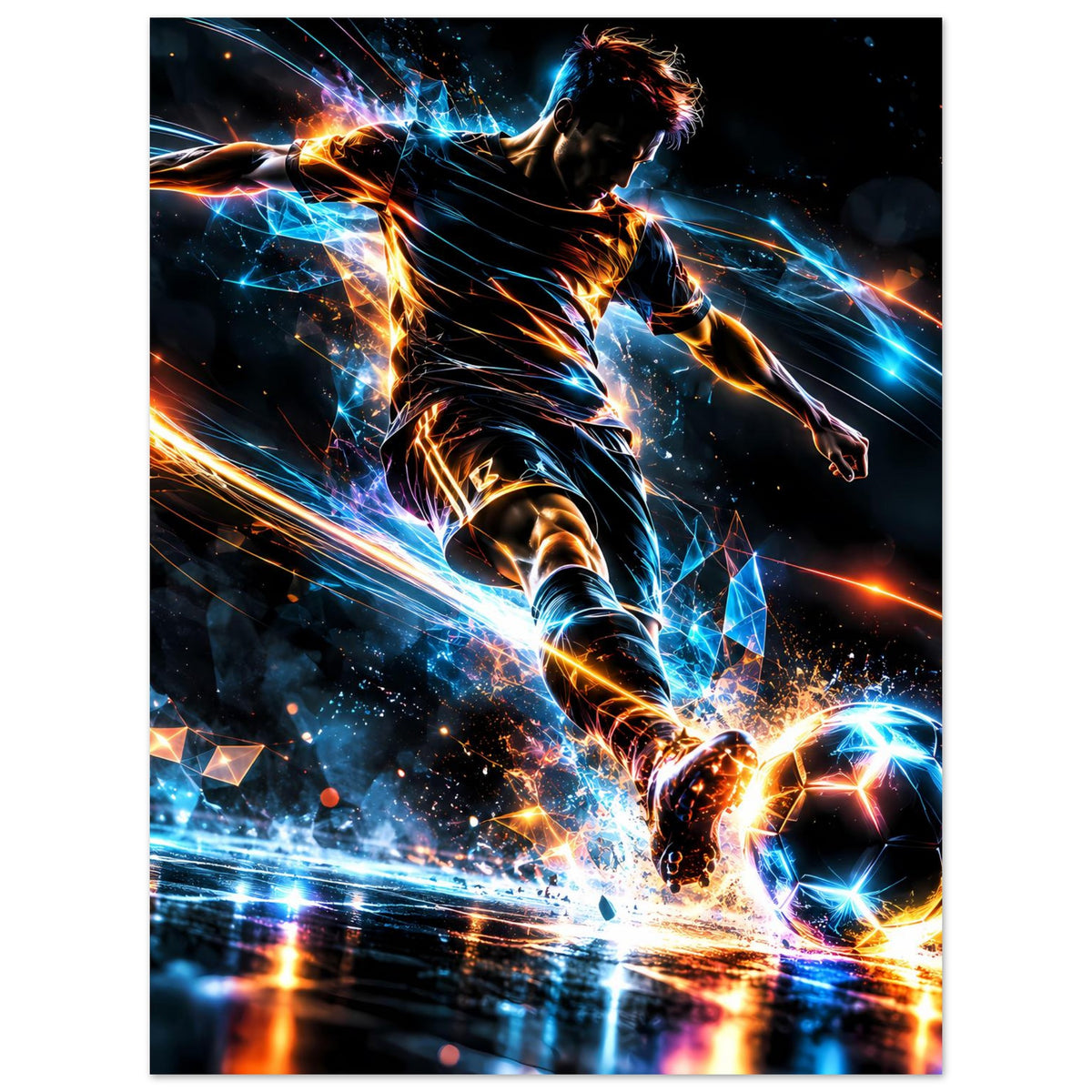 Gerahmtes Neon-Fußball-Actionposter, vertikal: Stürmerlauf mit leuchtenden Lichtkugeln und Ball
