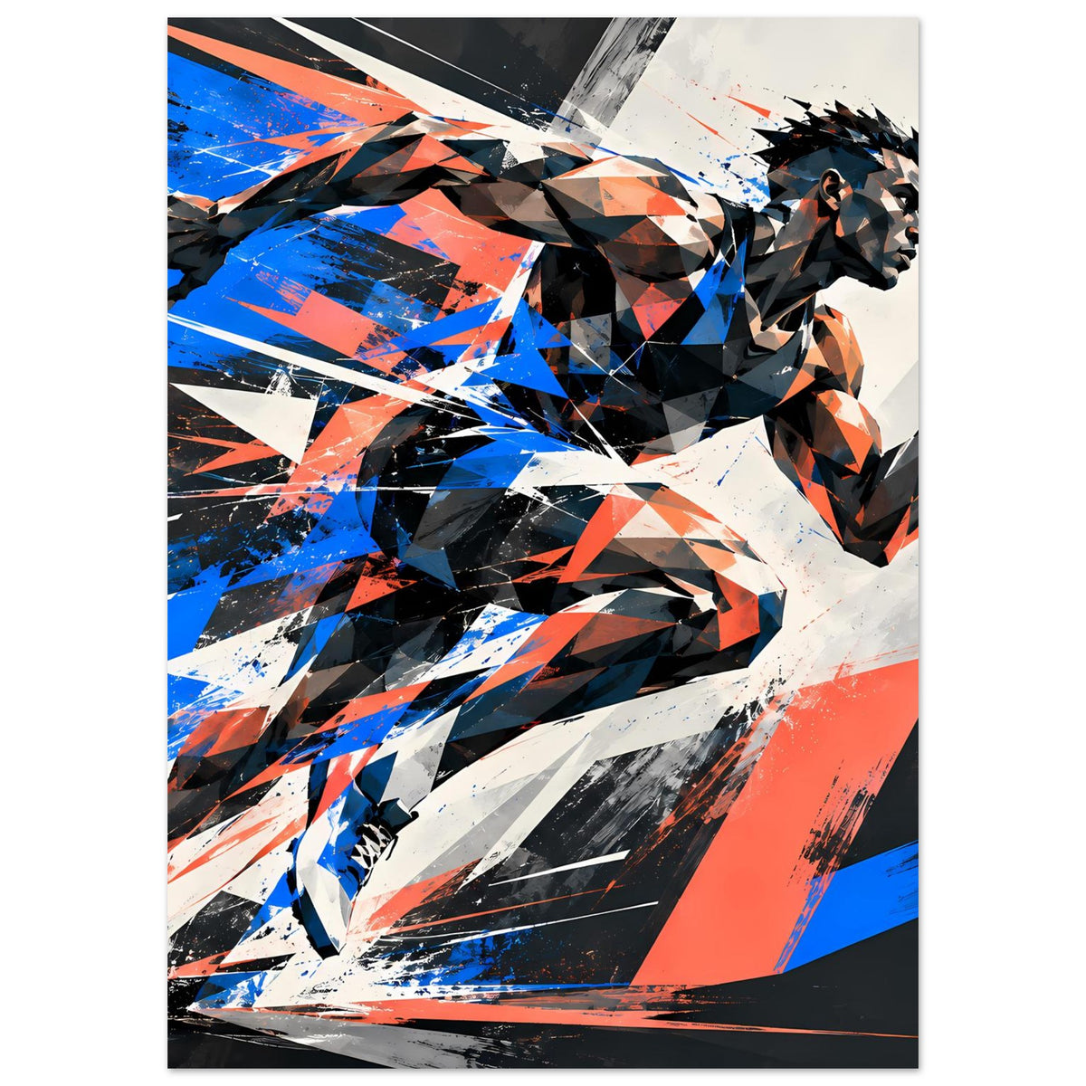 Poster mit abstraktem Läufer im Sprint, schwarz-weiße Linien über blau-orangen Flächen
