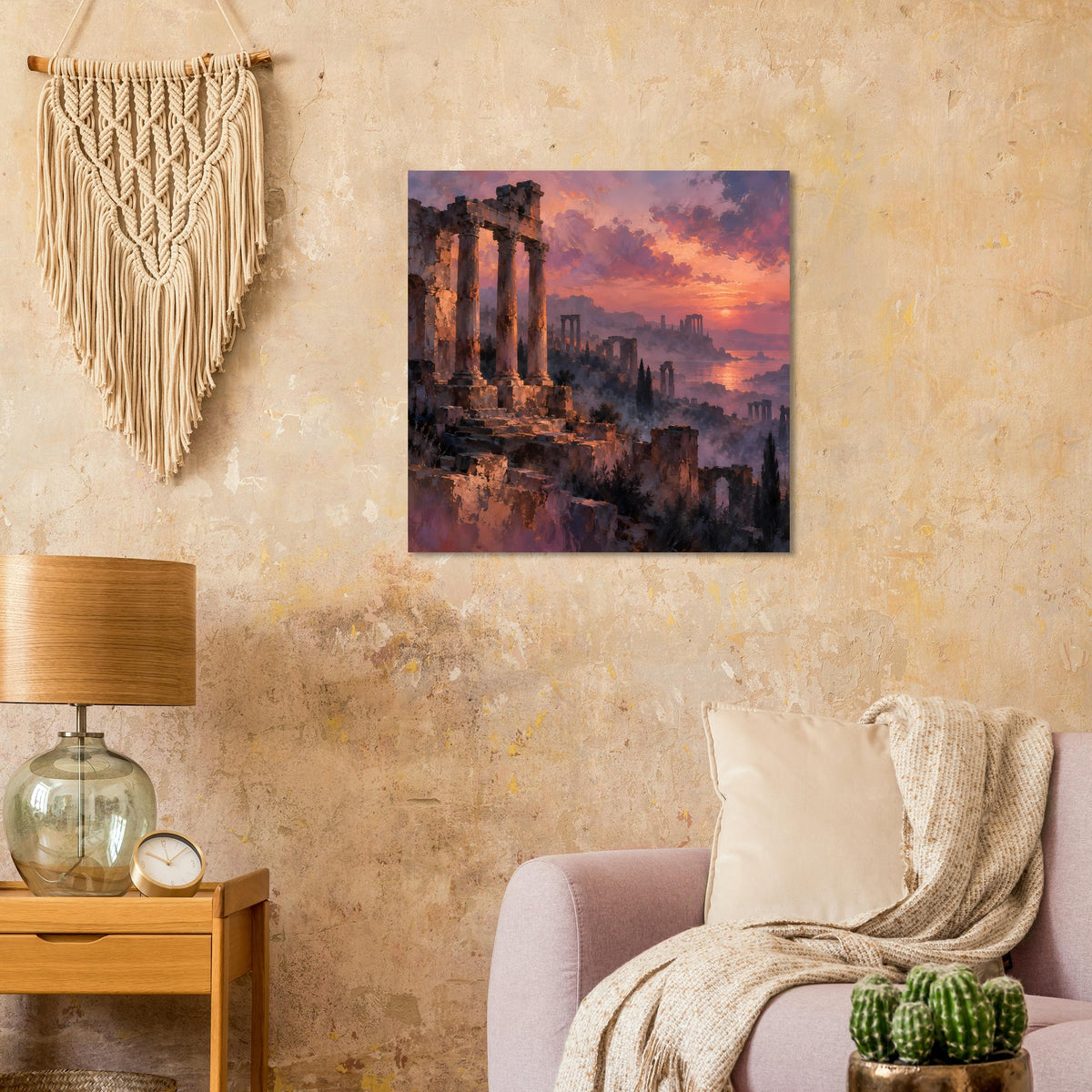 Quadratisches Wandposter mit antiken Ruinen im Sonnenuntergang, orange–violetter Farbverlauf