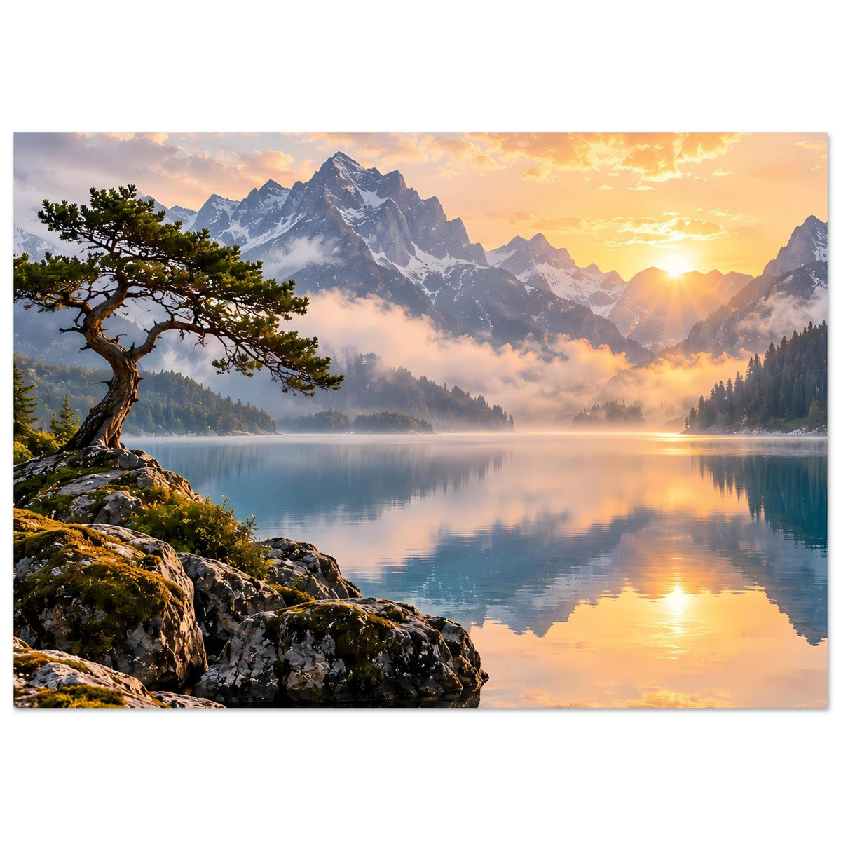 Horizontales Poster: Berglandschaft mit Sonnenaufgang, spiegelndem See, Felsufer und Baum