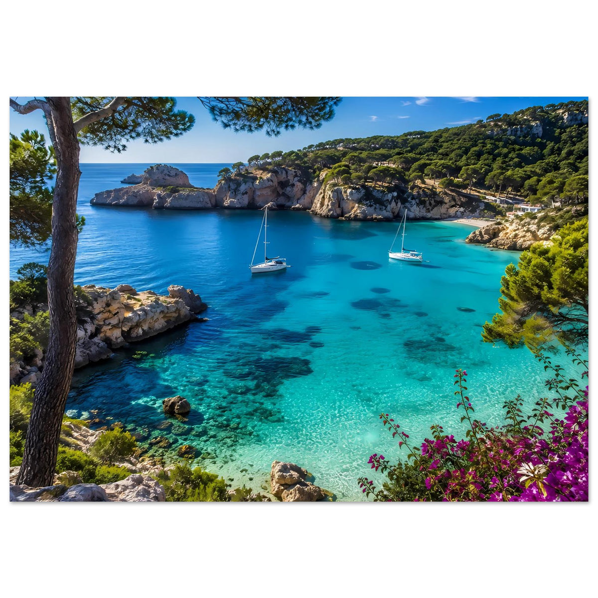 Gedrucktes Poster im Querformat: türkisblaues Meer, felsige Küste, Segelboote und pinke Blüten.