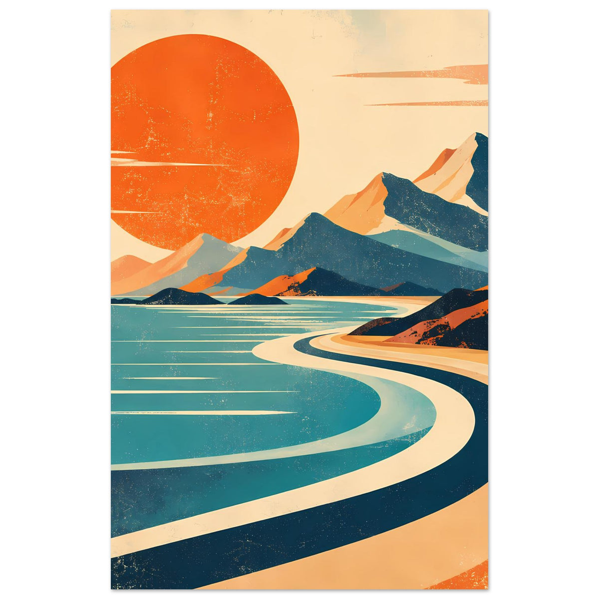 Vertikales Vintage-Landschaftsposter: orange Sonne, blaue Berge, gewundene Straße