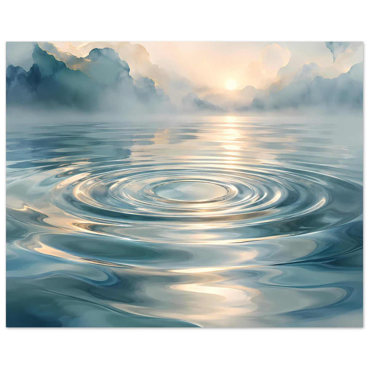 Wasserwellen-Poster: runde Wellenringe auf blauen Wasserflächen, goldener Sonnenhimmel