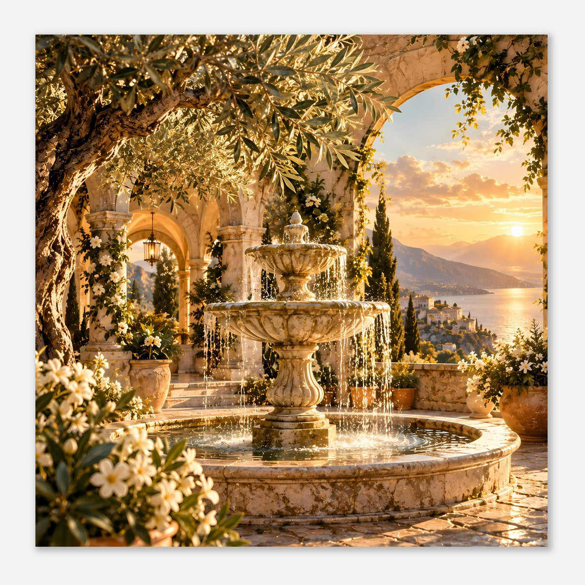 Querformat-Poster mit Springbrunnen und Fontänen, mediterraner Terrasse im Sonnenuntergang