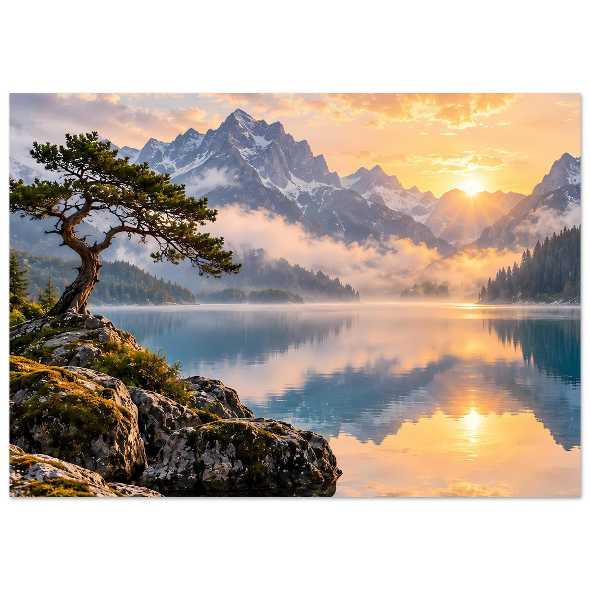 Poster mit Sonnenaufgang über Bergsee, Spiegelung und Felsen mit Baum