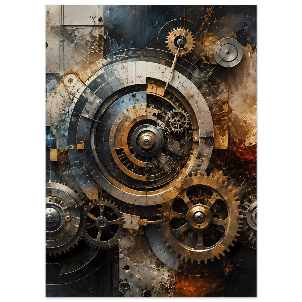 Steampunk-Gear-Poster (hochkant) mit Zahnrädern und zentraler Kreisscheibe in warmen Metallfarben
