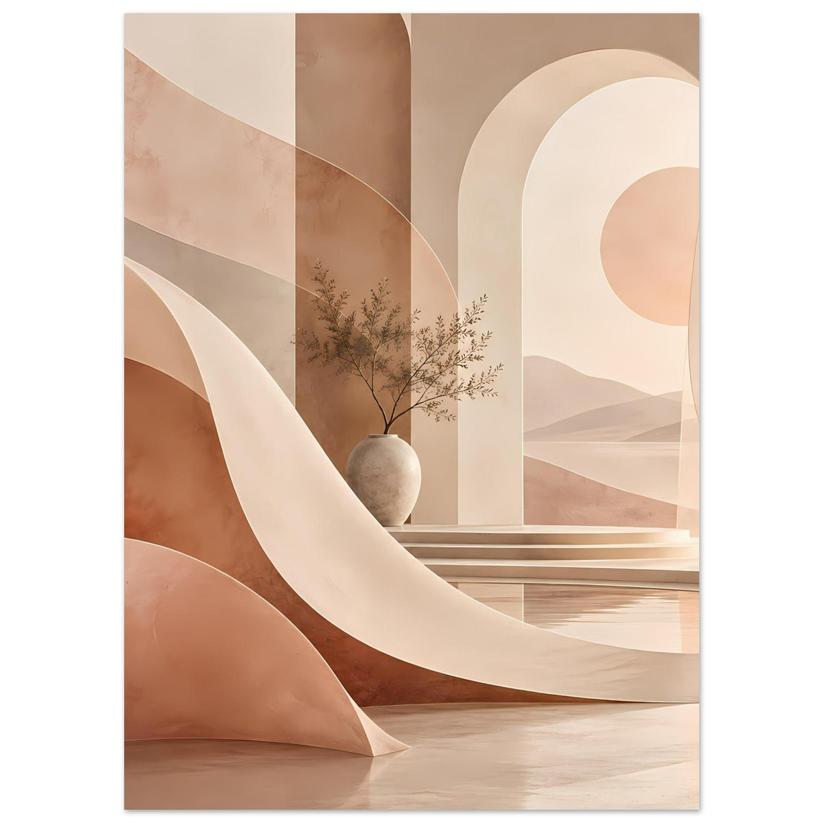 Abstraktes Wandposter mit geschwungenen Bögen, Sand- und Rosttönen, Pflanzengesteck in grauer Vase
