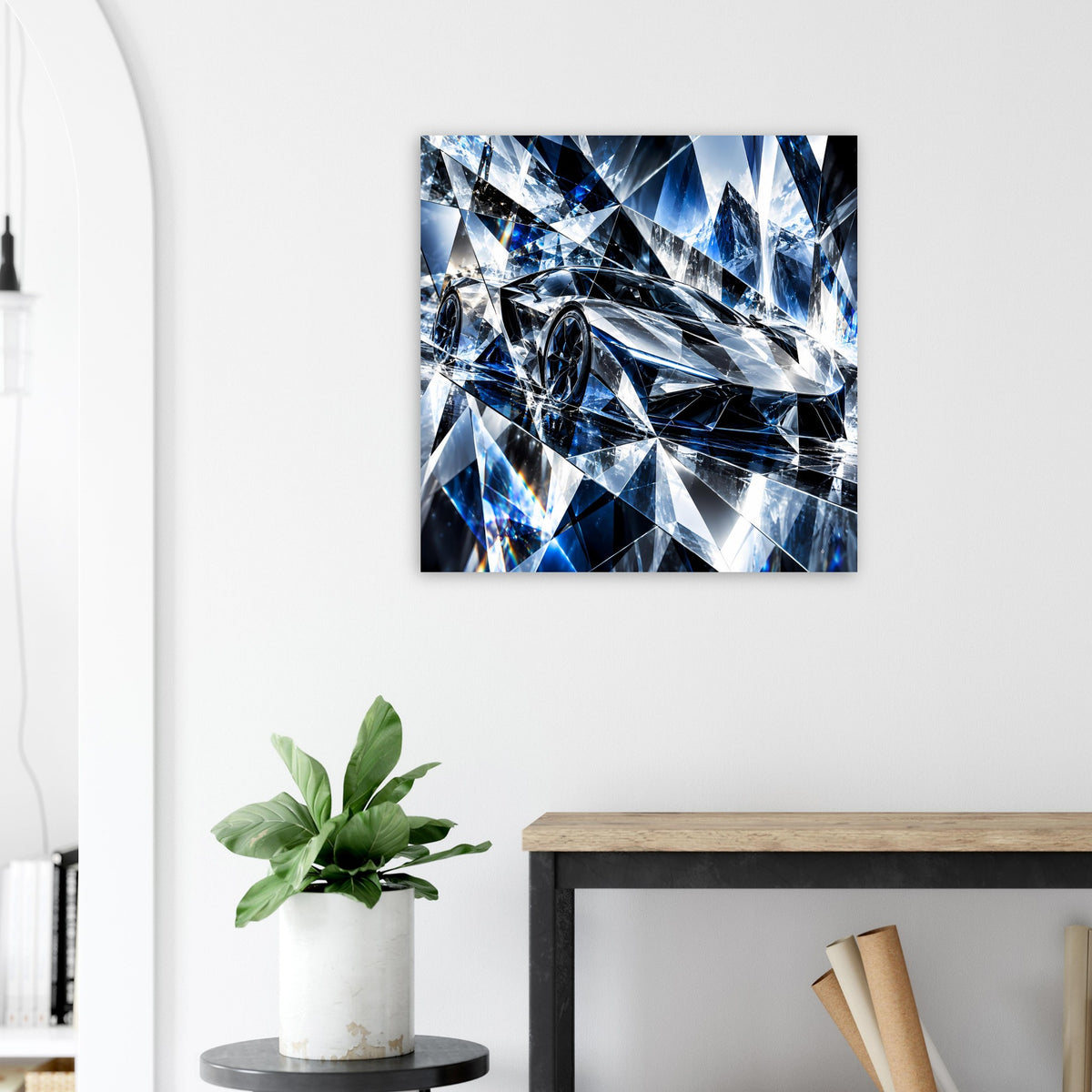 Blau-silbernes Sportwagen-Kristallposter mit diagonalen Dreiecken