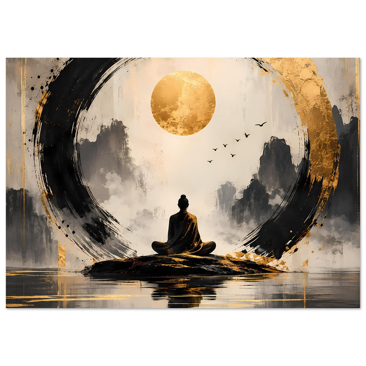Meditationsposter mit sitzender Figur, goldenem Mond, Kreisring und Reflexion im unteren Bereich