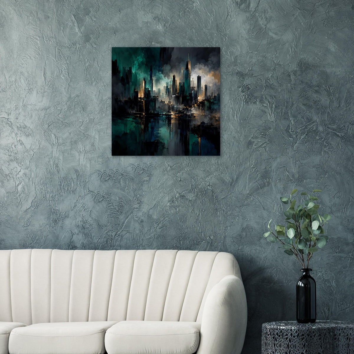 Quadratisches abstraktes Skyline-Poster mit Reflexionen, türkis-blauen Farbbahnen und goldenen Highlights.