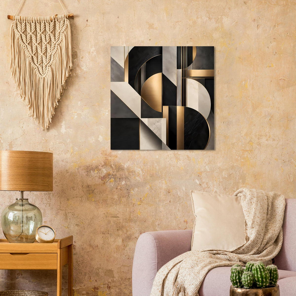 Geometrisches Kunstposter mit goldenen Streifen und geschwungenen Formen in Schwarz/Beige