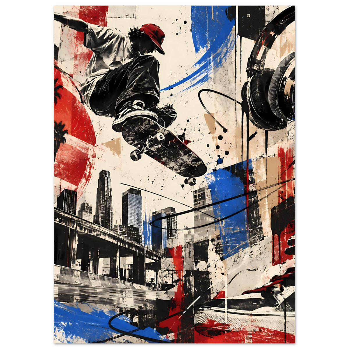 Poster mit Skateboarder-Illustration, schwarzer Liniengrafik, Akzenten in Rot und Blau