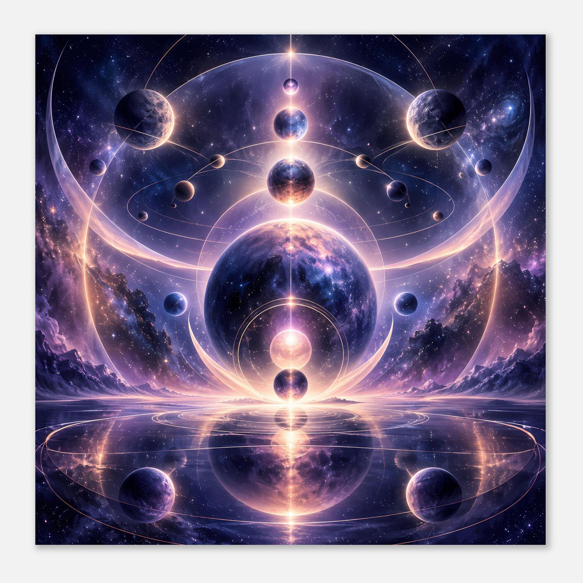 Weltraum-Poster im Quadratformat: kosmisches Motiv mit Planetenringen, Lichtkreis und Reflexion