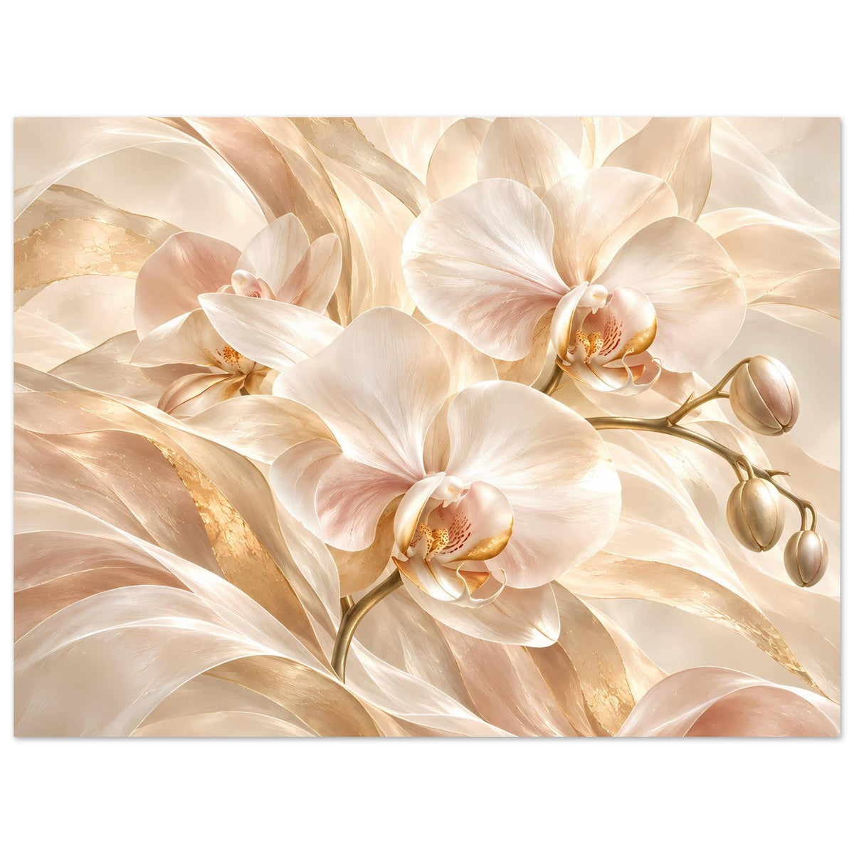 Orchideen-Poster im Querformat mit weißen Blüten, Gold- und Cremefächern im Design