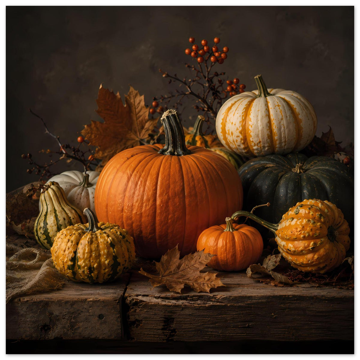 Herbstliche Kürbis-Komposition: orange, weiß gestreifte und schwarze Kürbisse mit Blättern auf Holz