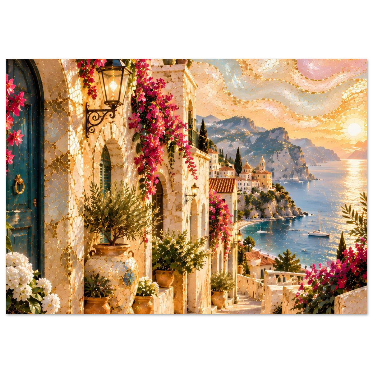 Mediterranes Poster: Steinarkaden mit Laterne, Blumenfenster und Wasser mit Booten.