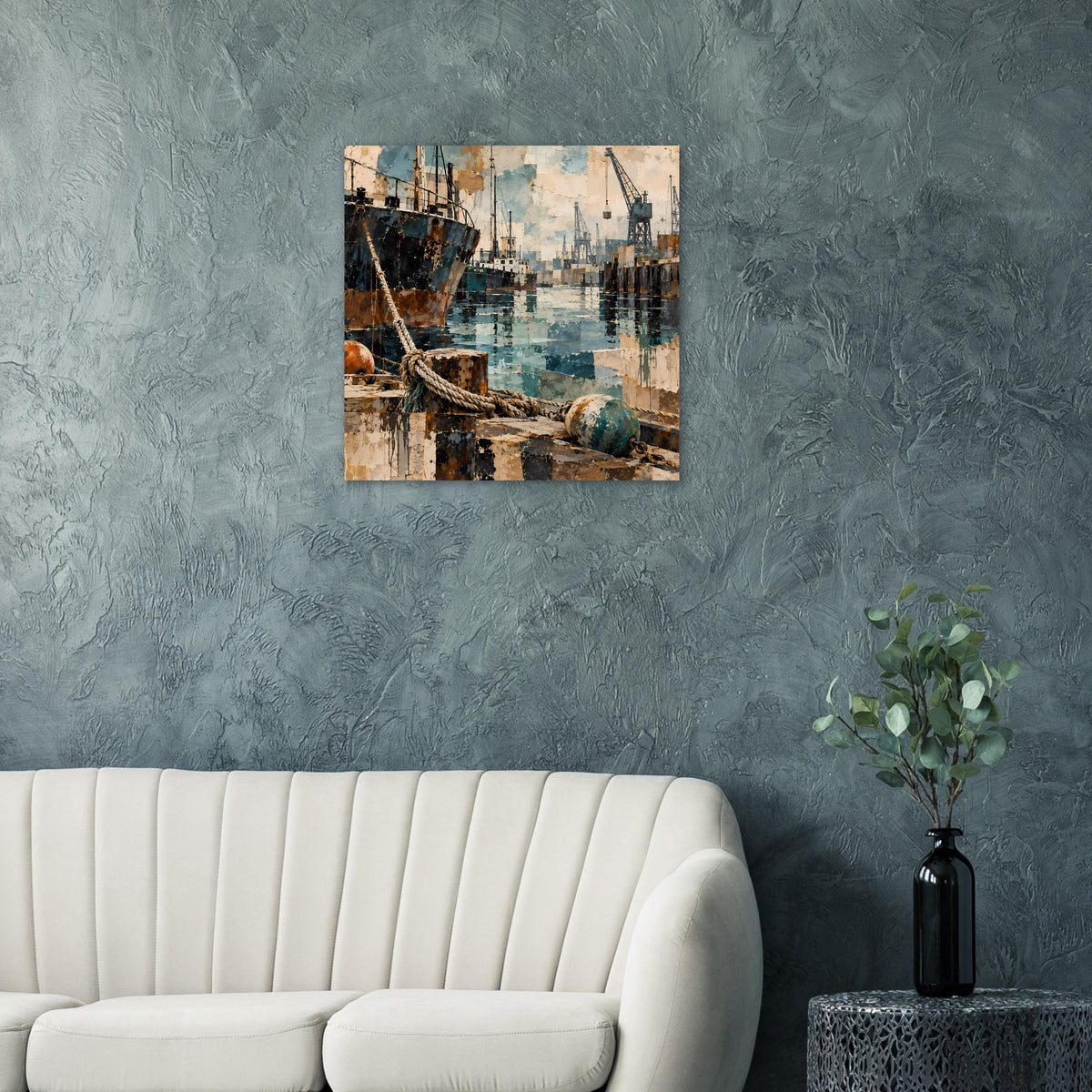 Poster im Rahmen mit Hafenkränen und Schiffen, Seile am Kai, blaues Hafenbecken