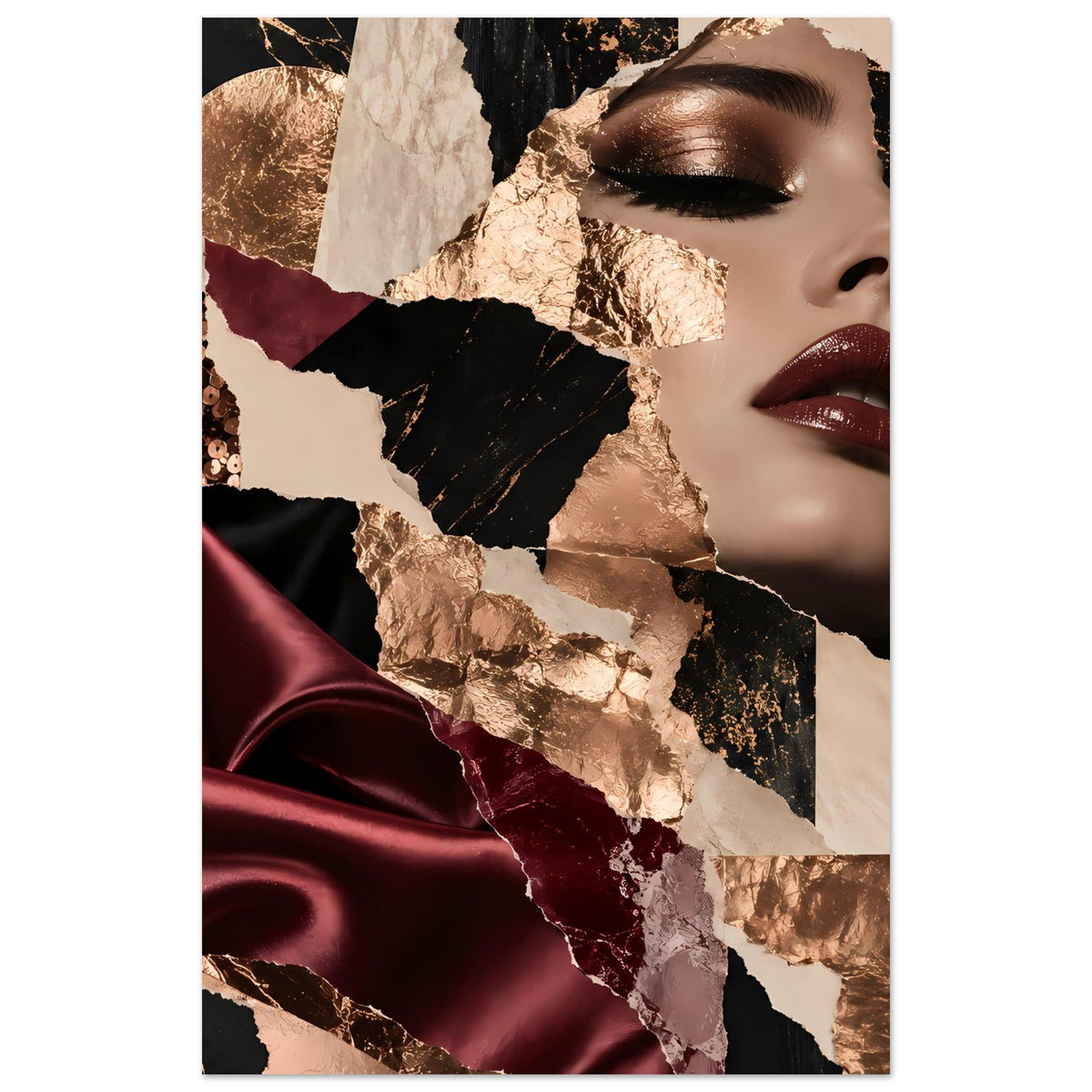 Fashion-Collage-Poster, Frauengesicht rechts, Bordeaux-Satin und goldene Folienkacheln