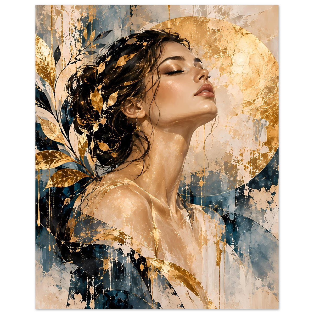 Kunstposter Hochformat: Frauenprofil mit goldenen Blättern, abstrakte Farbflächen und Spritzer