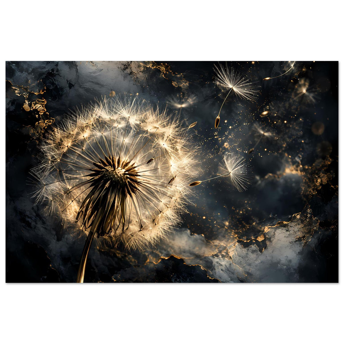 Premium-Mattposter mit goldener Pusteblume und leuchtenden Lichtpunkten auf dunkler Fläche