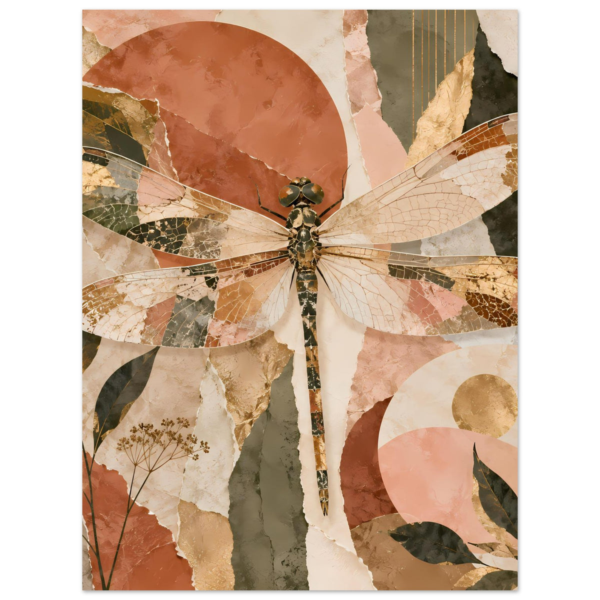 Boho-Drachenfliegenposter im Hochformat: große Flügel, Blattmotive und Kreisformen.