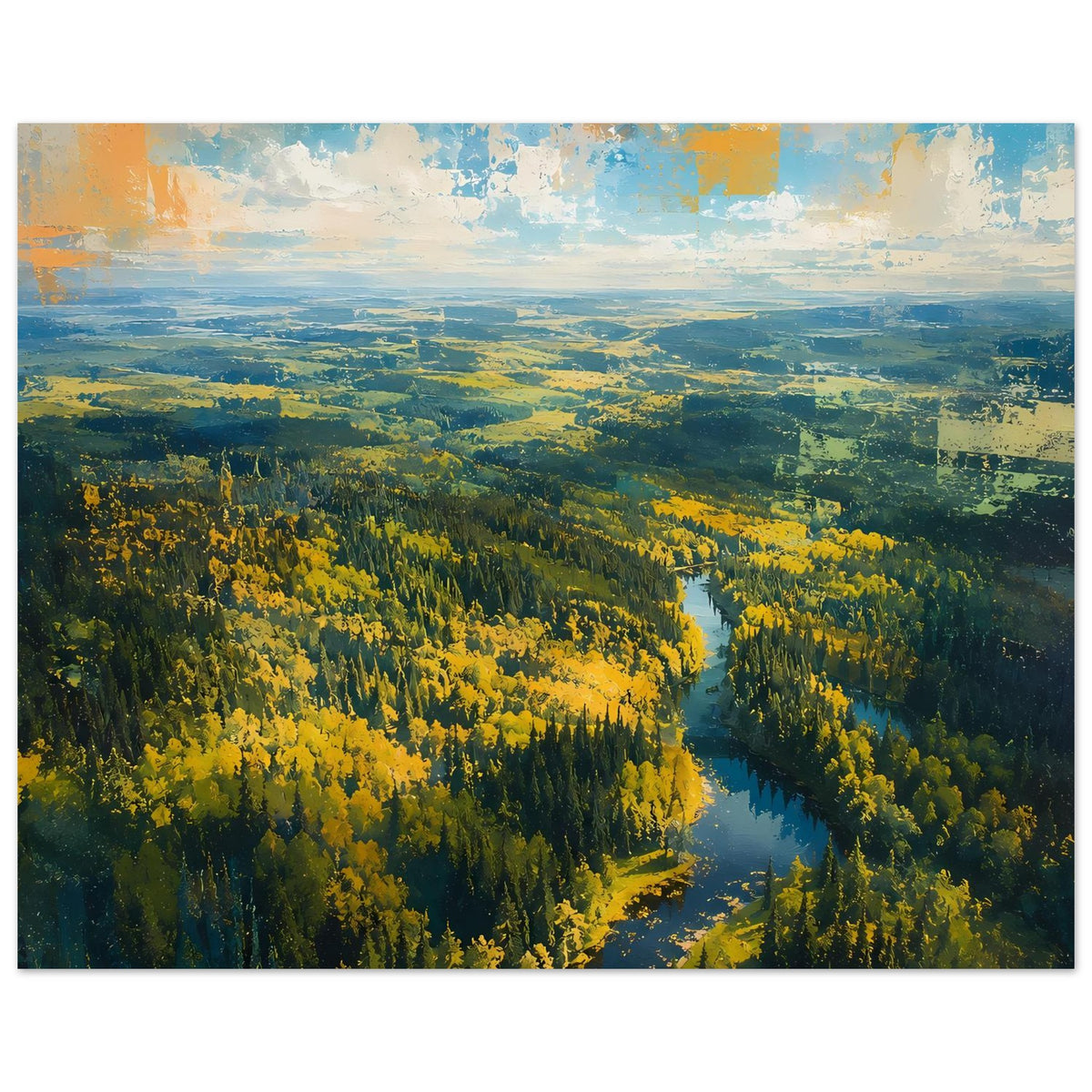 Herbstwald-Poster mit Fluss im Querformat, goldene Wälder und blauer Fluss