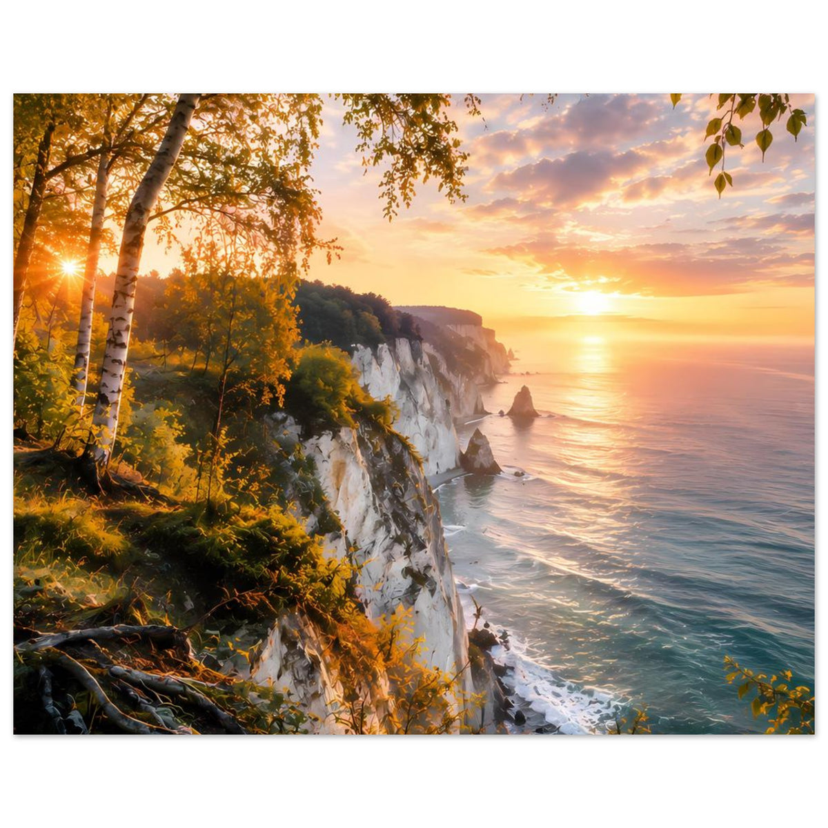 Küstenposter mit Blick auf die Küste: Felsen, Wellenlinie und Sonnenuntergang über dem Meer
