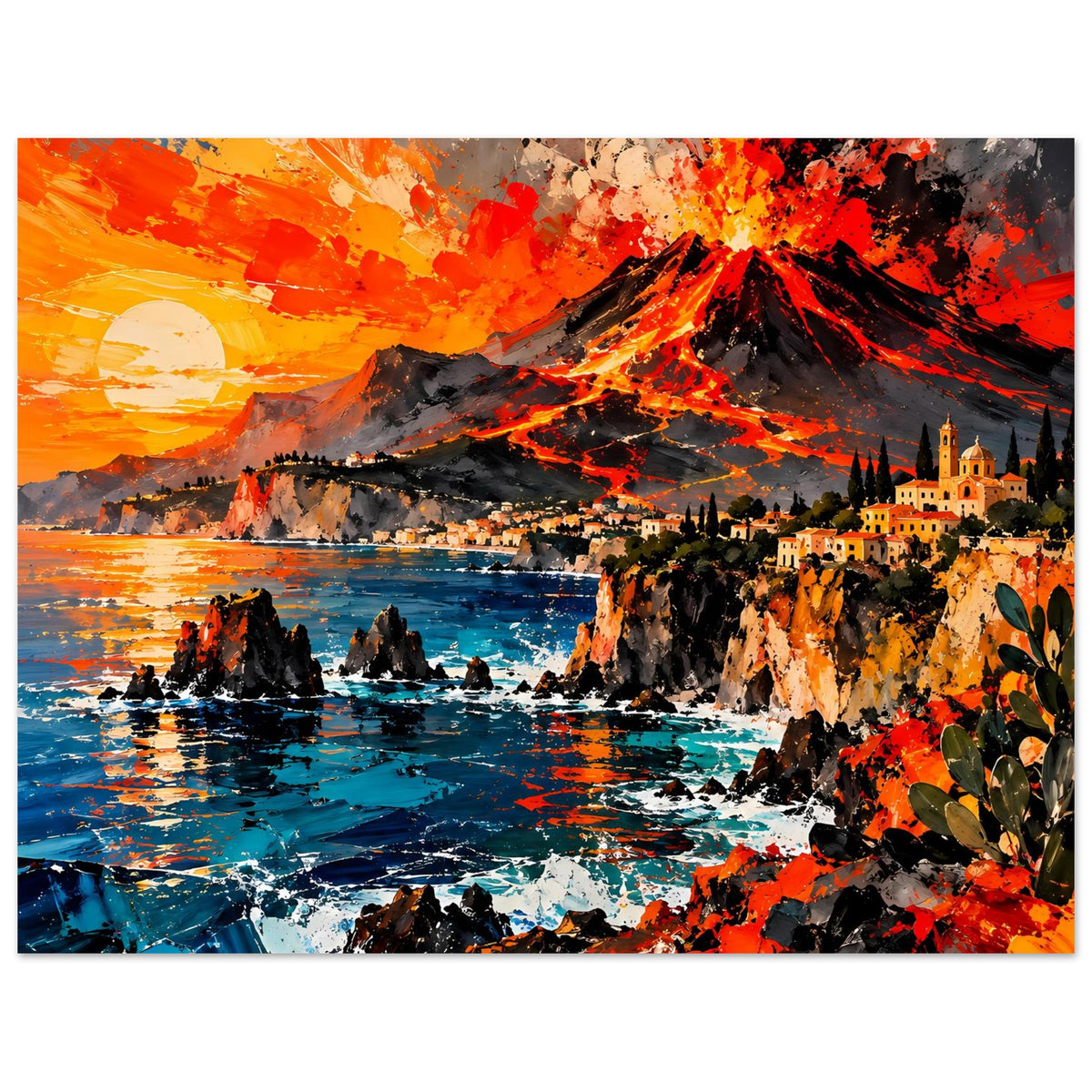 Vulkan-Eruptionsposter, Querformat: schwarzer Vulkan mit roten Flammen über Meer