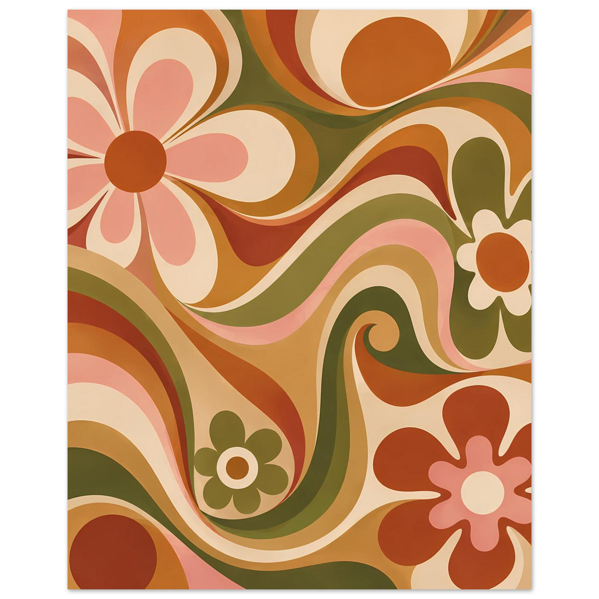 Florales Poster mit großen Blüten und Kreisformen in Orange, Olivgrün und Creme