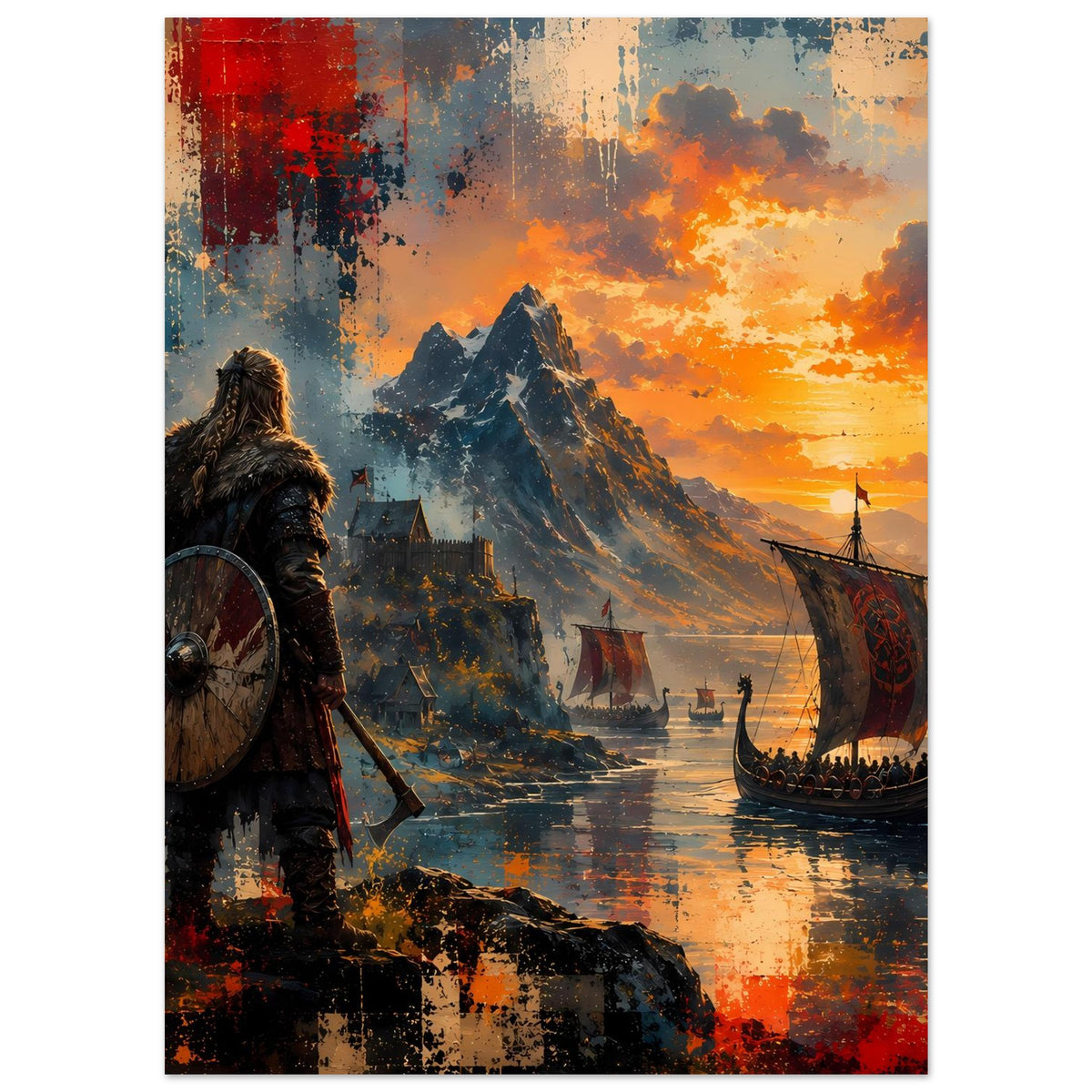 Hochkant-Poster mit Wikingerkrieger und Segelschiffen, beleuchtet von orange-rotem Himmel