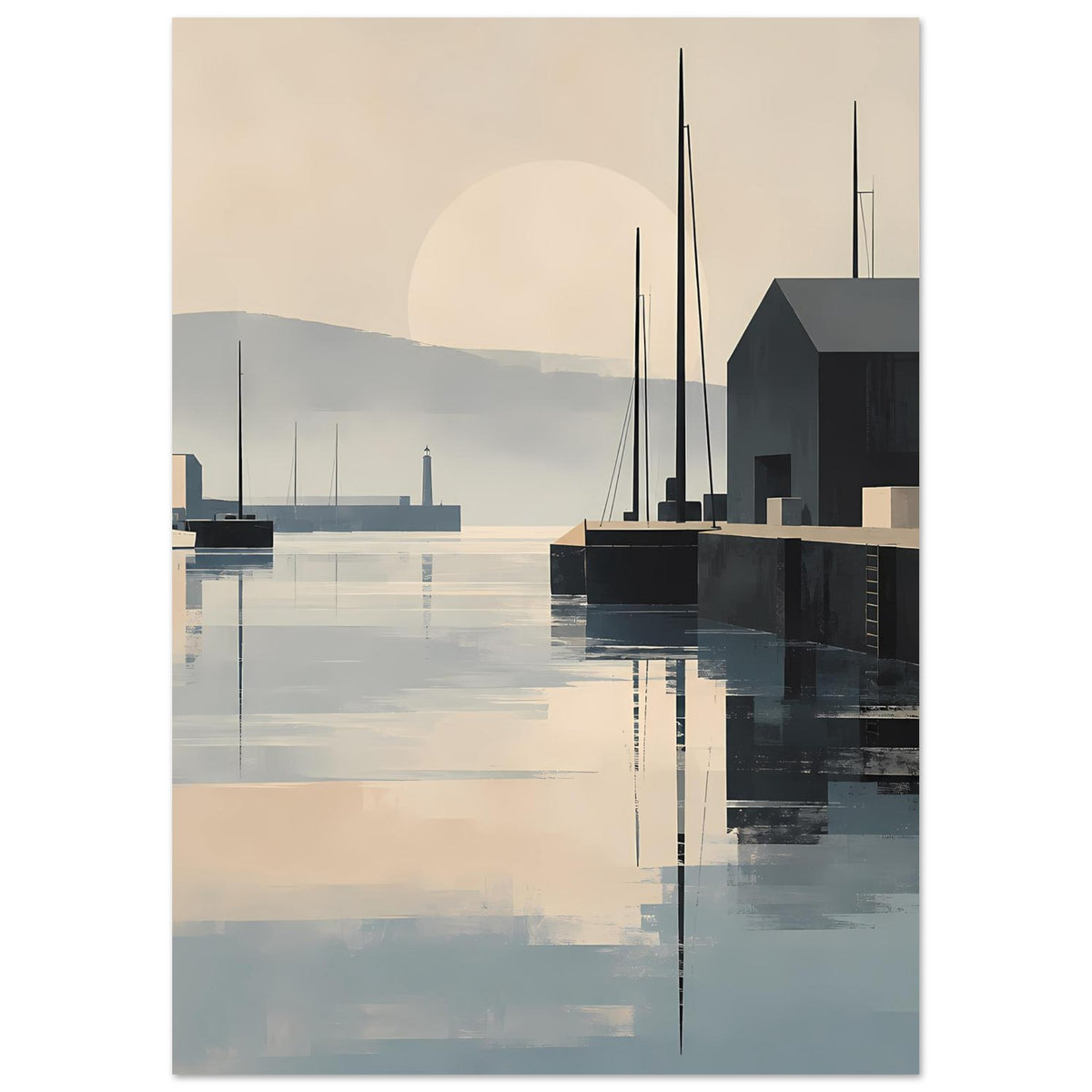Hafenposter mit ruhigem Wasser, Bootsanlegern, dunkler Bebauung und Pastelltonen