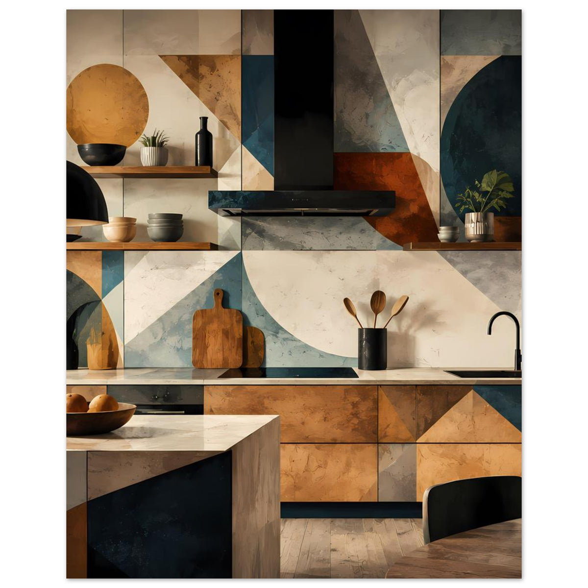 Küchenkunst-Poster mit Küchenarbeitsplatte, Schneidebrett und Stiftehalter im geometrischen Stil