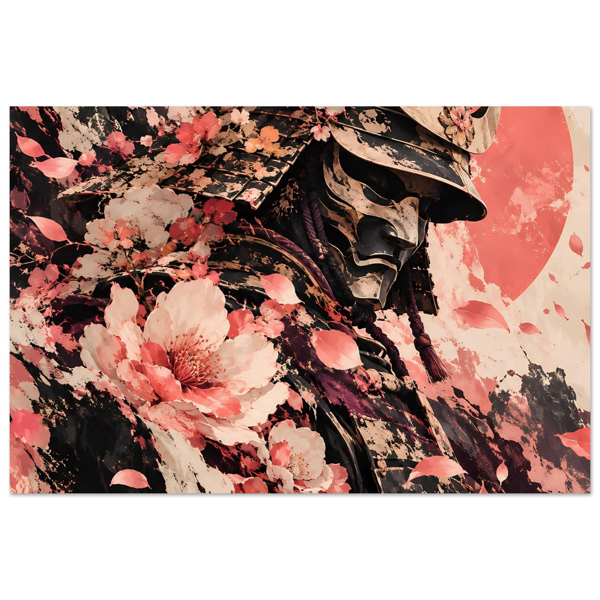 Poster im Querformat: Samuraihelm mit Kirschblüten-Motiv, harmonische Rosa-Beige-Kontraste