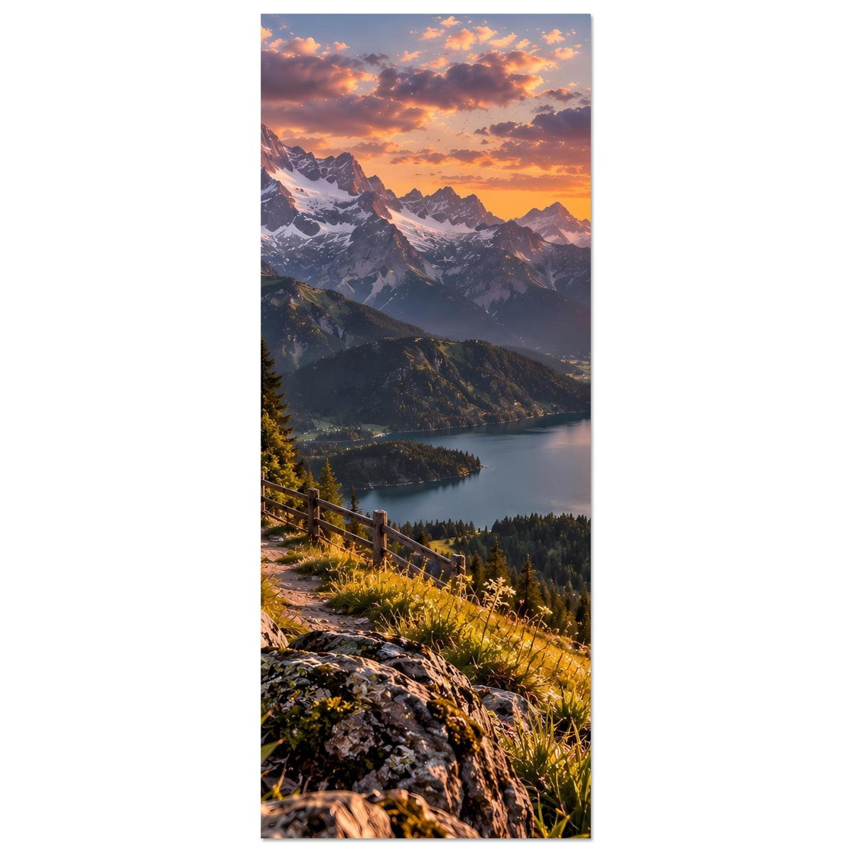 Poster mit Alpenlandschaft bei Sonnenuntergang, Berge, See und Holzzaun im Vordergrund
