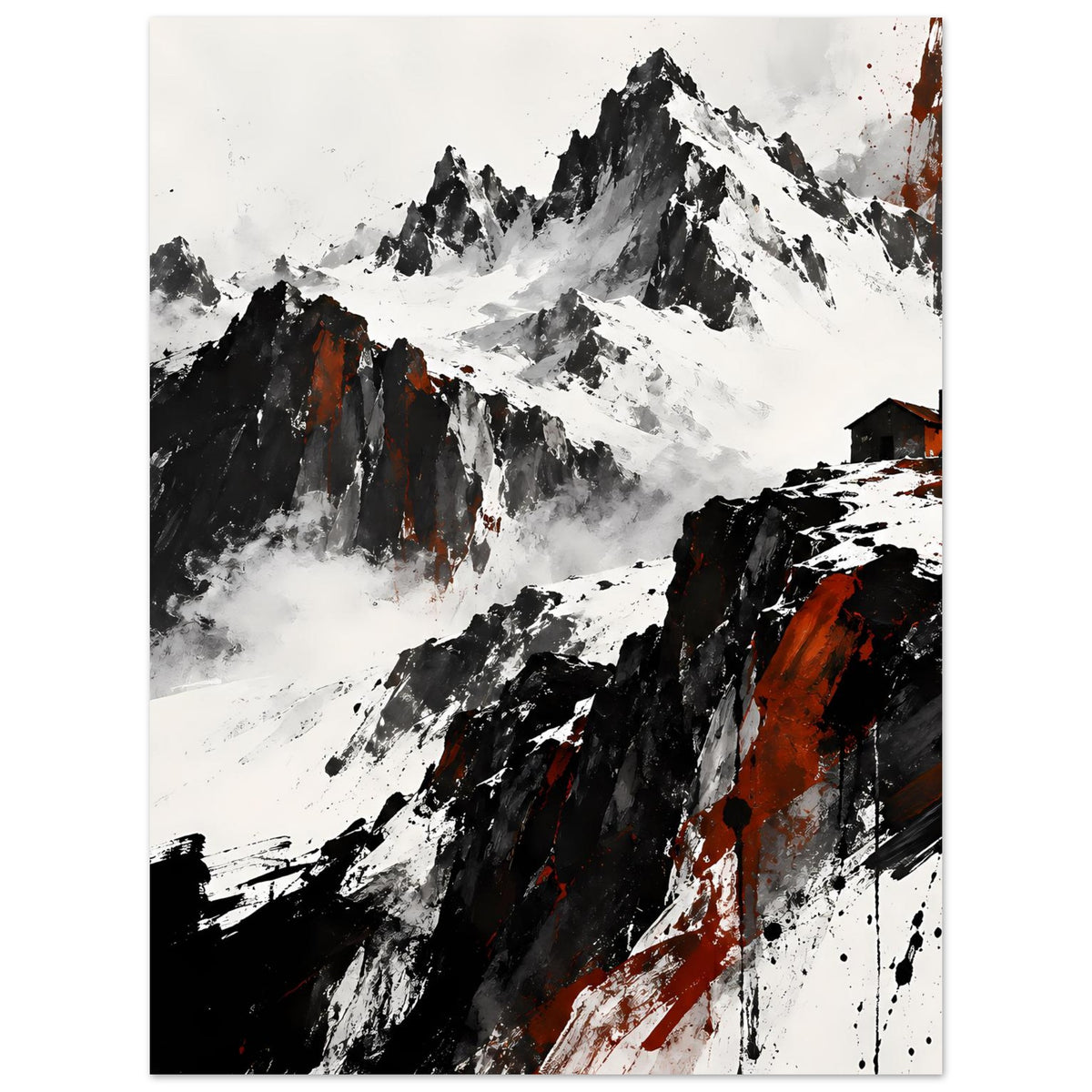 Quadratisches Poster mit kontrastreicher Berggrafik in Schwarz, Weiß und Rot
