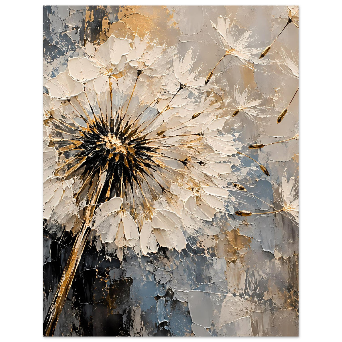 Vertikales Kunstposter mit Dandelion: schwarze Samenstiele, creme Blütenblätter, Gold und Blau