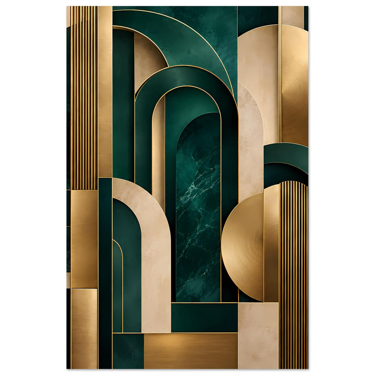 Art-Deco-Poster, hochformatig: goldene und dunkelgrüne Bögen, Säulenlinien und abgerundete Flächen