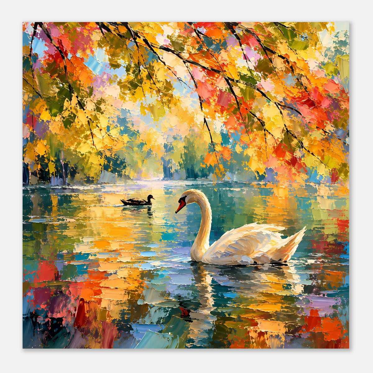 Poster mit weißem Schwan auf buntem See, Herbstlaub über dem Wasser, Querformat
