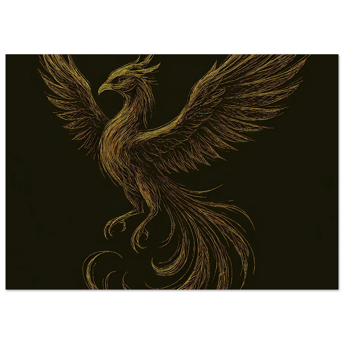 Poster mit goldenem Phönix und ausgebreiteten Flügeln auf dunklem, einfarbigem Grund