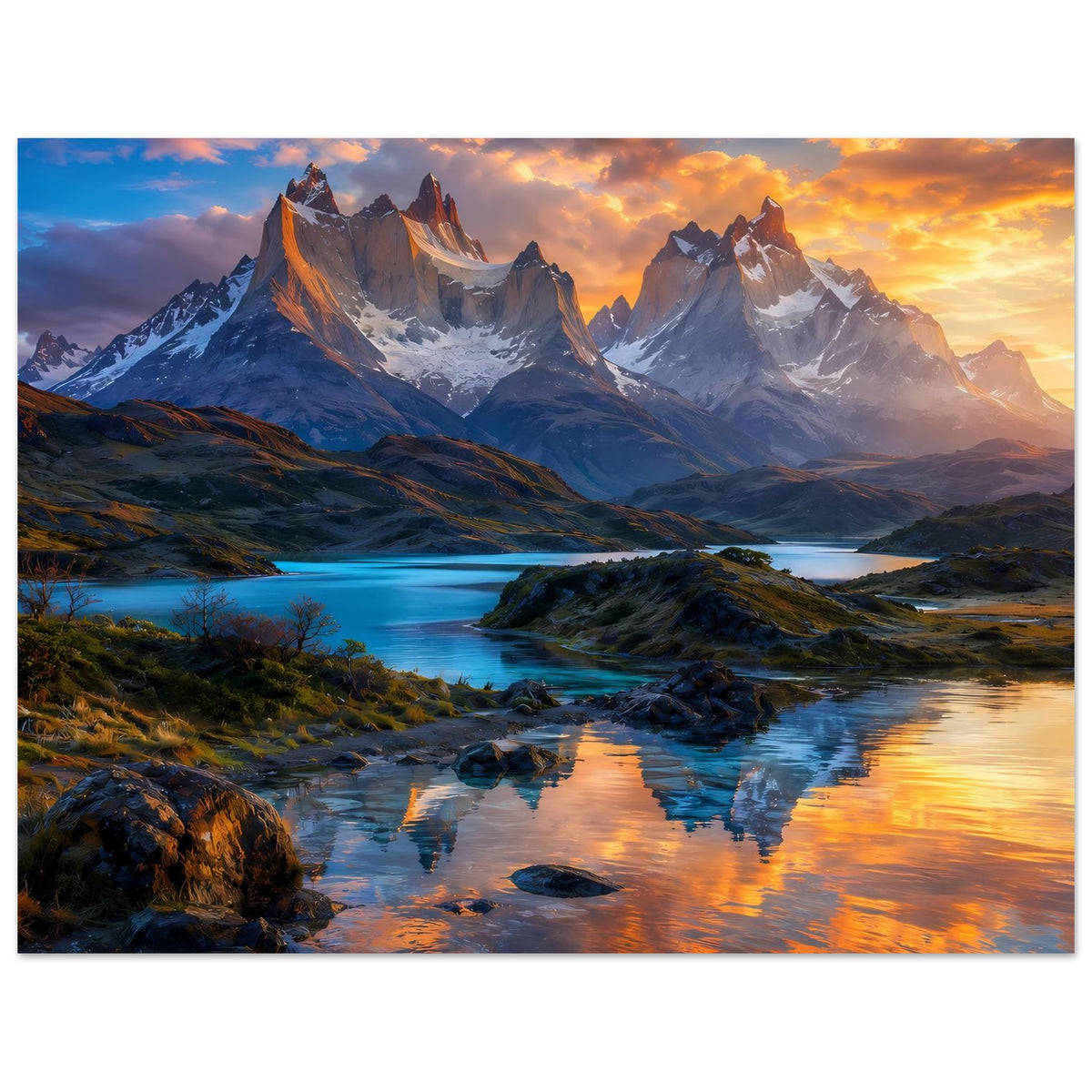 Poster mit Berglandschaft im Sonnenuntergang, Panorama mit Fluss und Reflexionen, horizontal