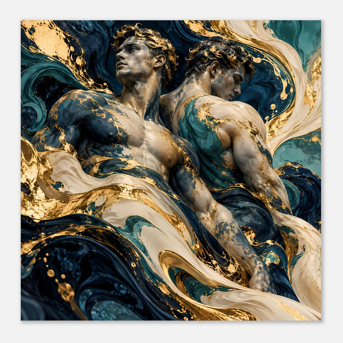 Kleines Kunstposter mit antiken Figuren in Blau und Gold, schräger Ausschnitt