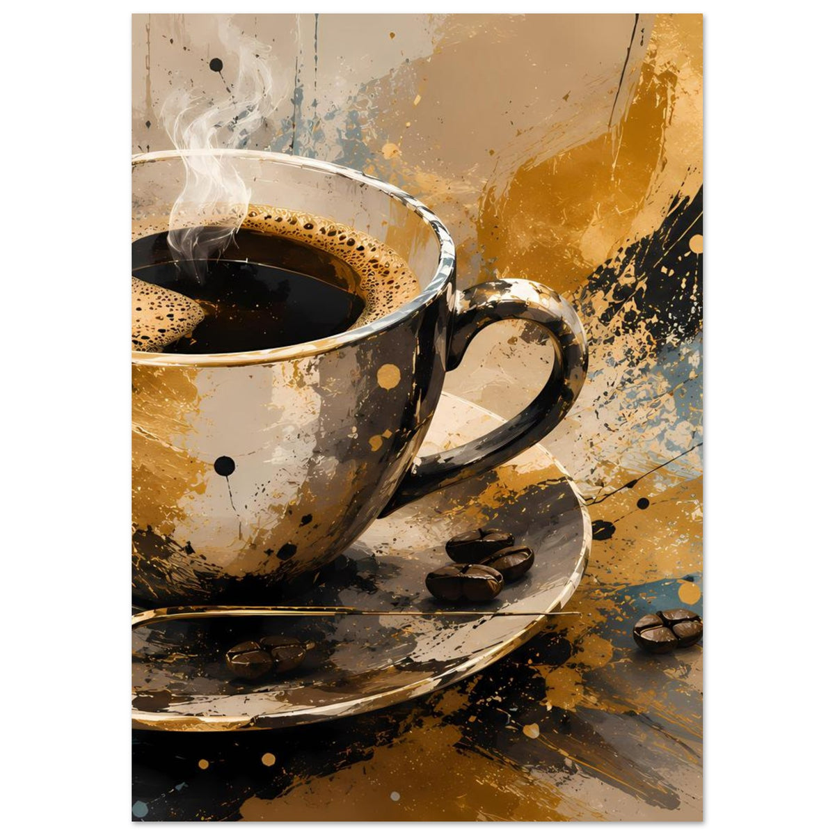 Kunstposter mit Kaffeetasse mit Dampf, Untertasse und Kaffeebohnen in warmen Farbtönen