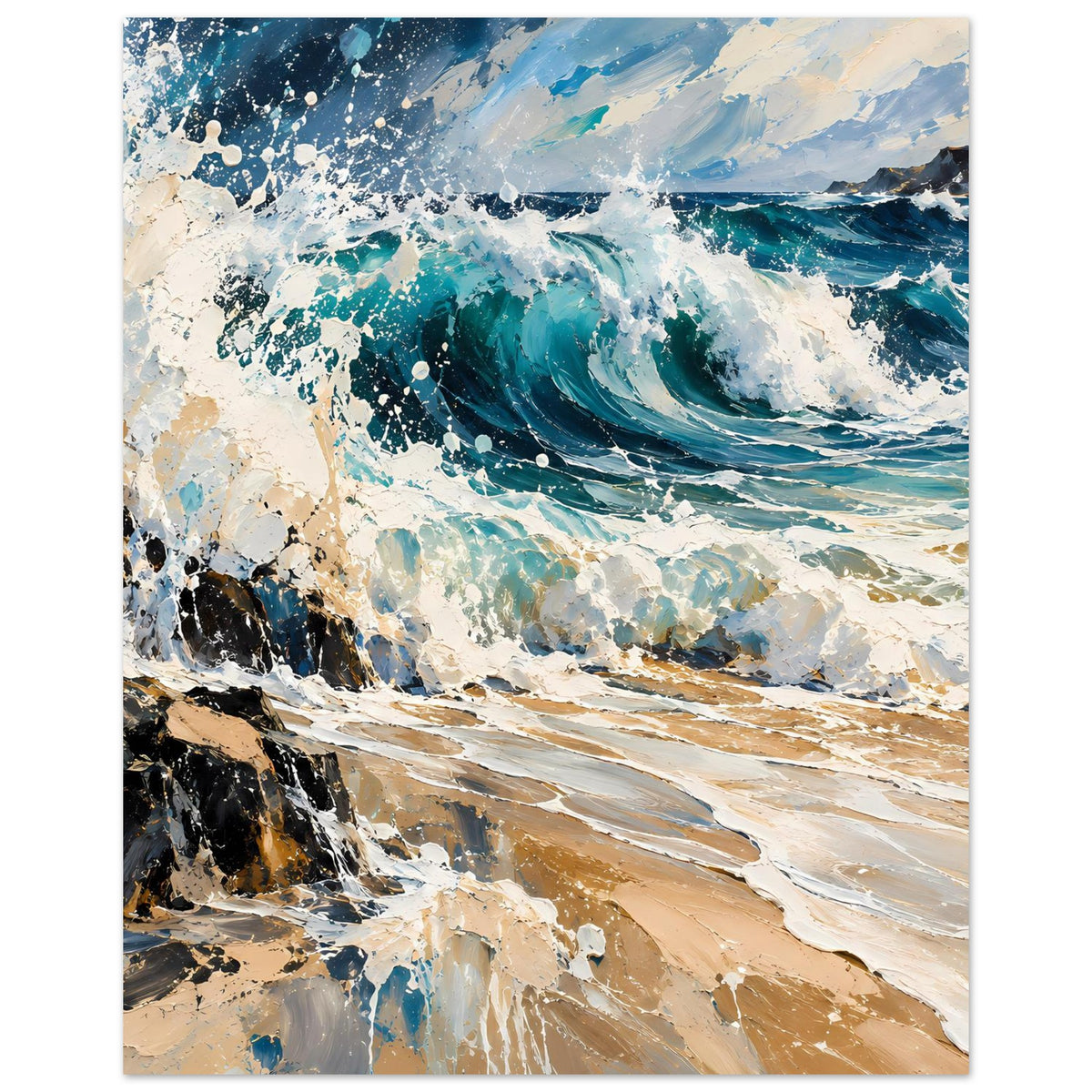Hochformatiger Wanddruck mit Wellen und Spritzern, viel weißer Gischt, Blau und Beige