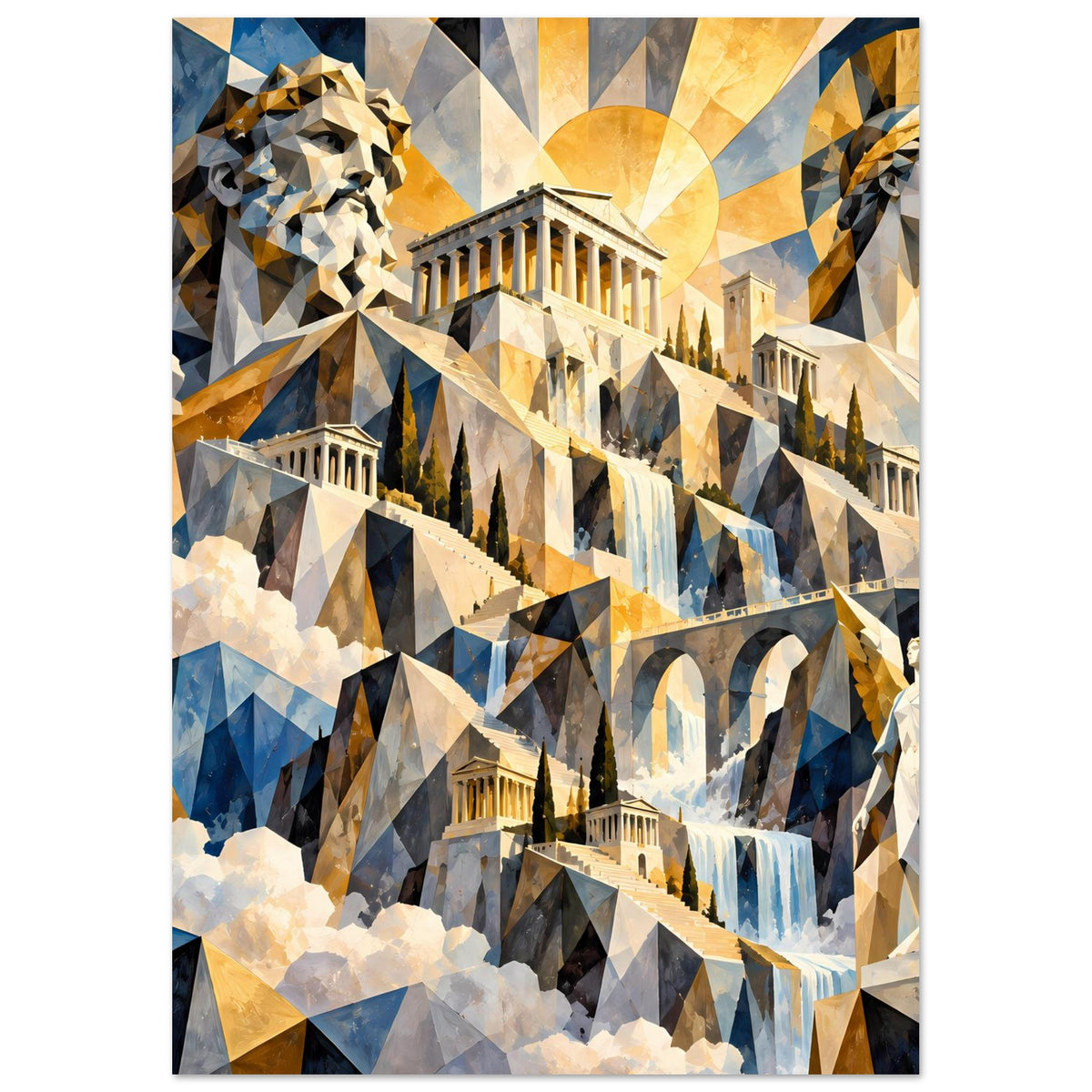 Wandposter mit antiker Architektur und Statue im Polygon-Look, gedeckte Blautöne und Goldakzente