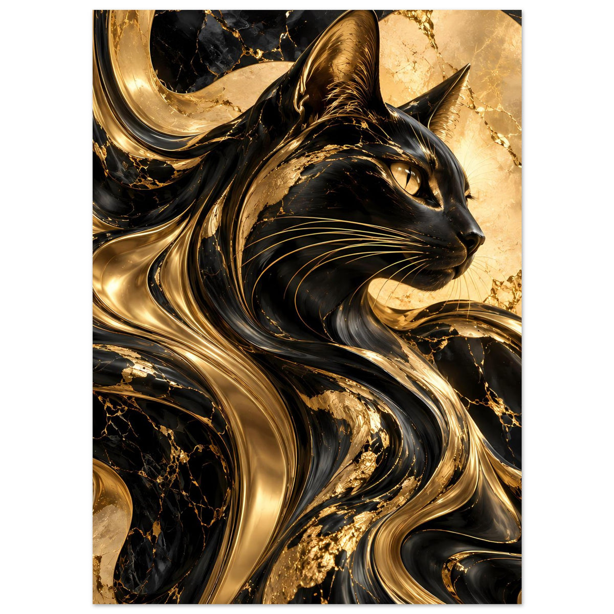 Katze im Gold-und-Schwarz-Poster mit seitlich gedrehtem Kopf und goldenen Strömungswirbeln