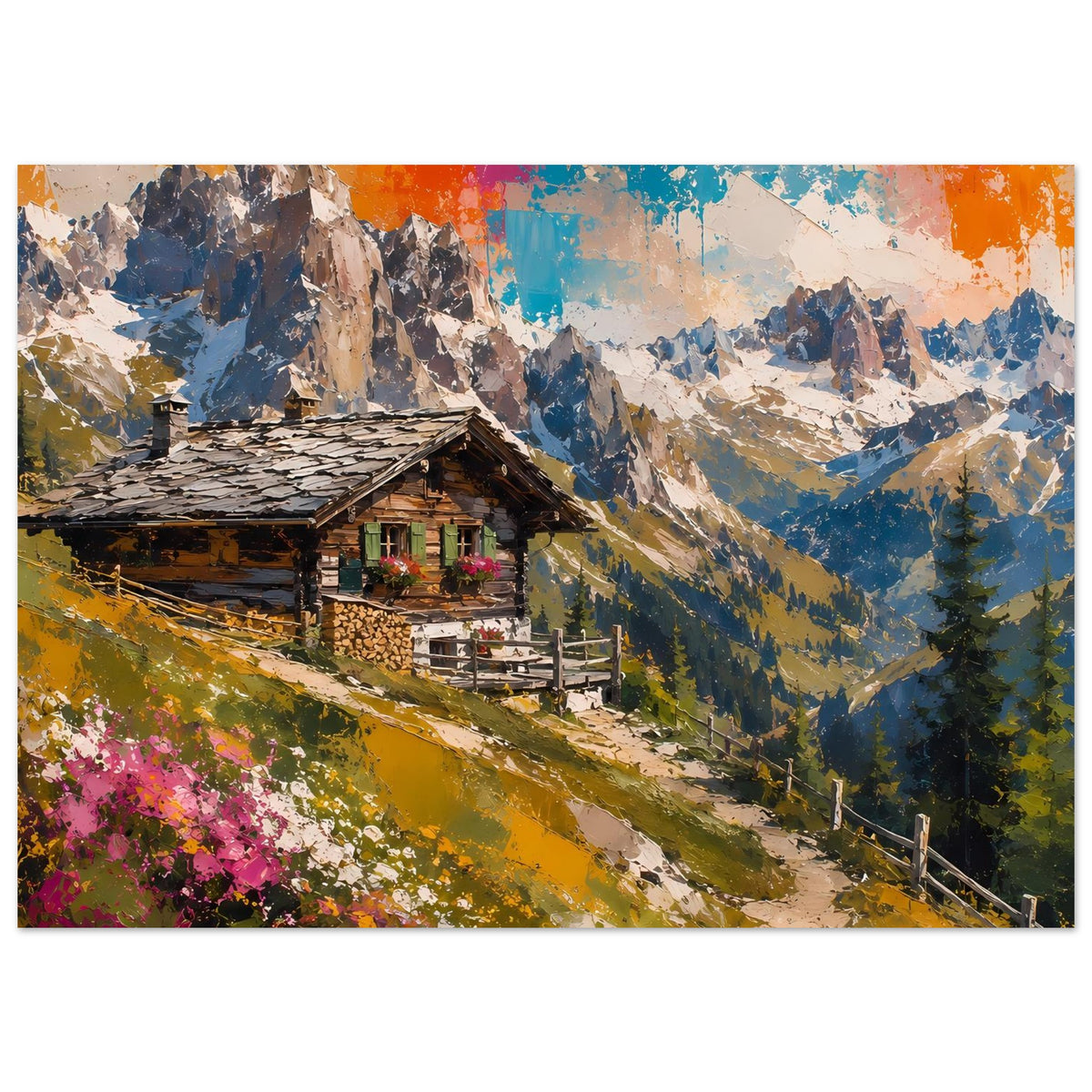 Wandposter im Querformat: Hütte im Tal mit Bergen, buntem abstraktem Himmel und Blumen